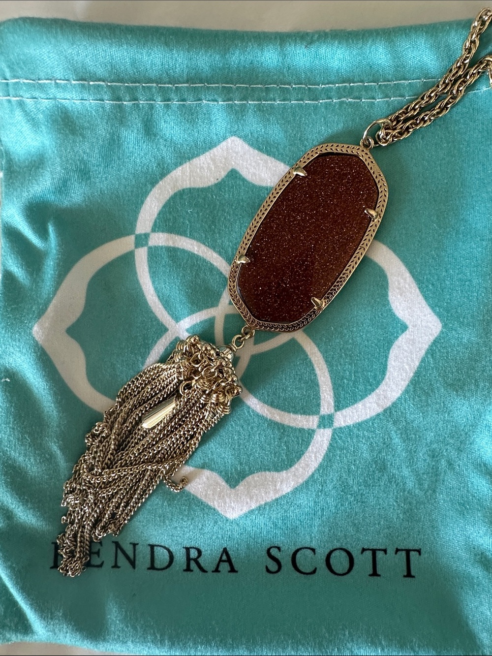 Kendra Scott Gold-Tone Rayne Tassel Necklace with Orange Goldstone Pendant